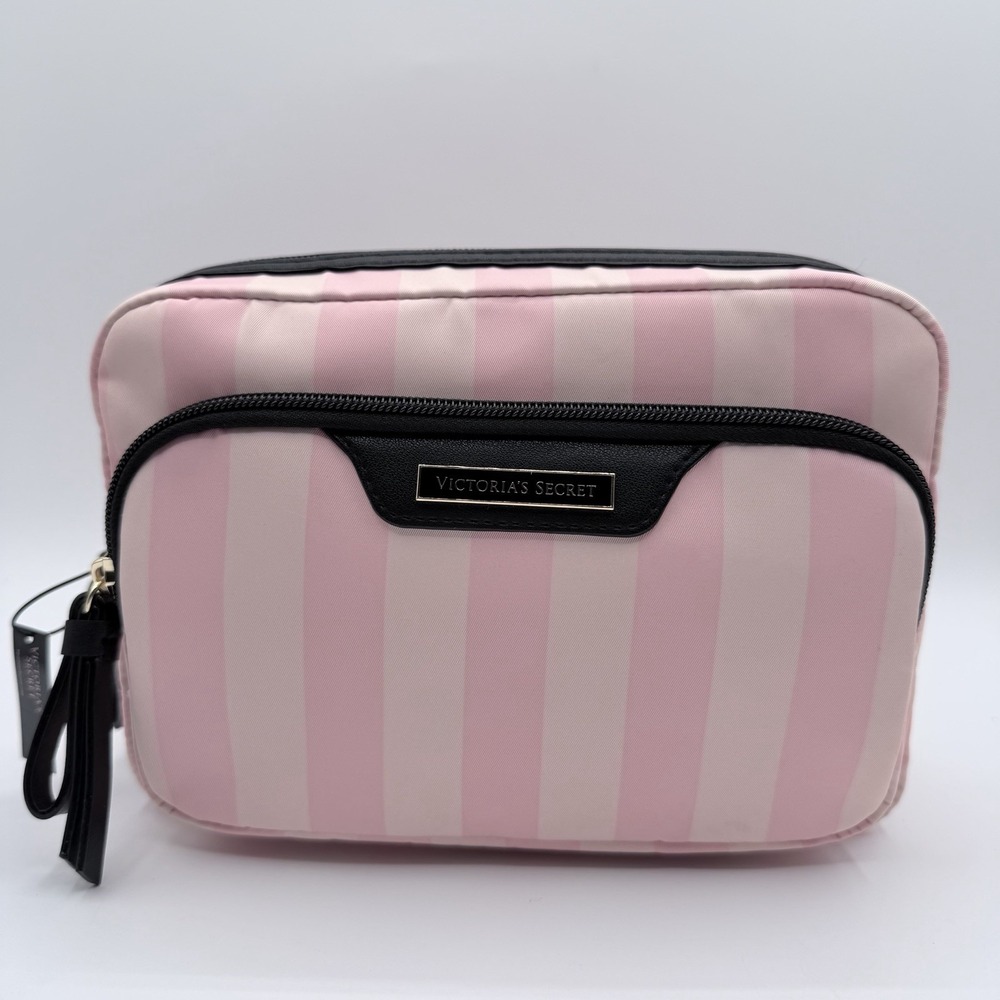 Victoria's Secret Pink Stripe Cosmetic Makeup Travel Organizer Dual Zip Bag NWT